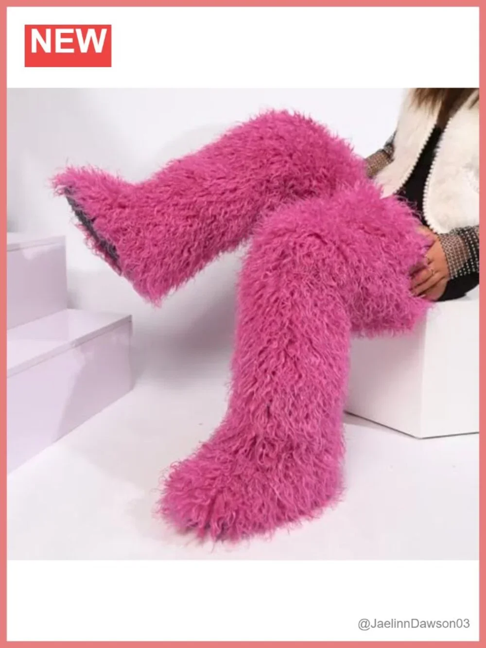 Faux Fur Over the Knee Boots for Women, Tall Thigh-High Fluffy Flat Boots